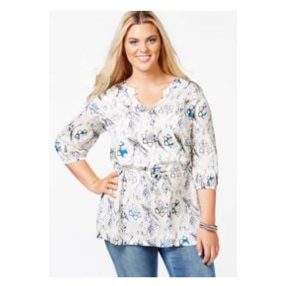 Melissa McCarthy Seven7 White&Blue Floral Tunic Blouse Sz.2X